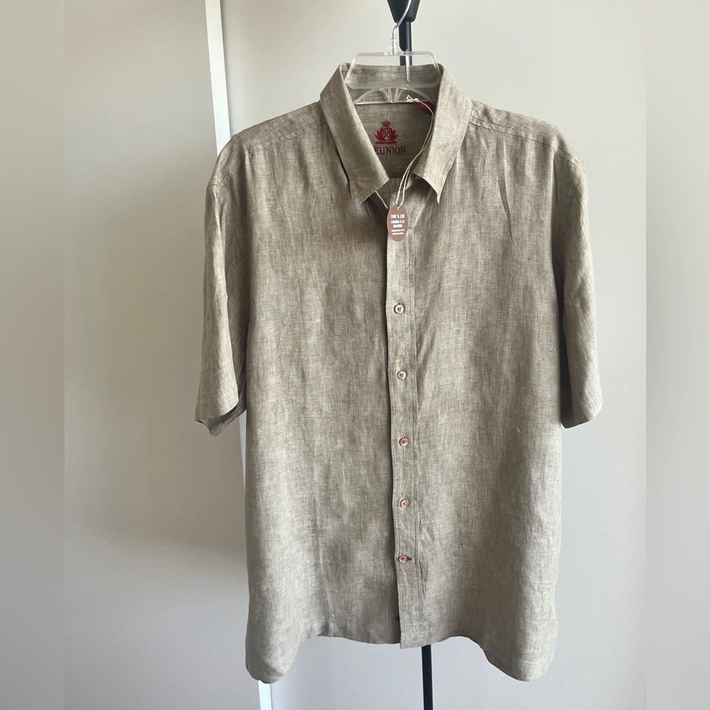 New Reunion Button Down Shirt Short Sleeve Beige Taupe 100% Fine linen Large XL